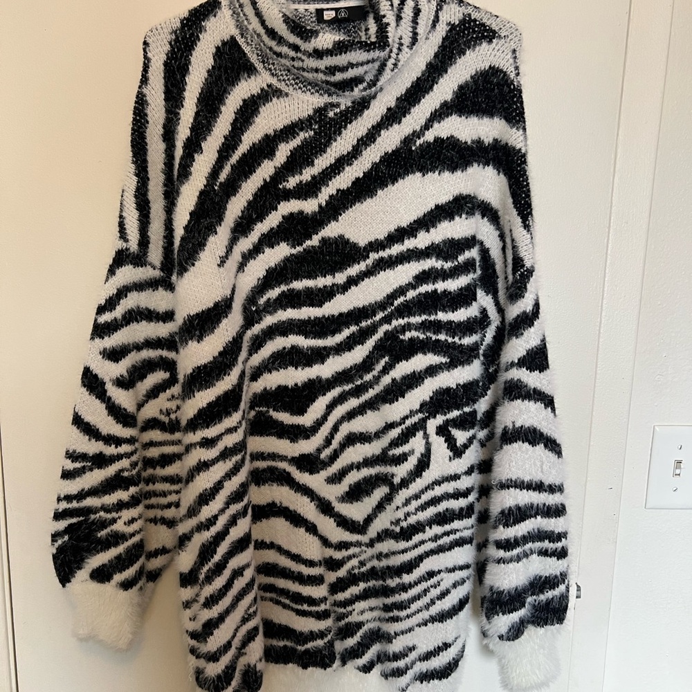 Zebra-Print Cowl Neck Sweater Dress - Black & White